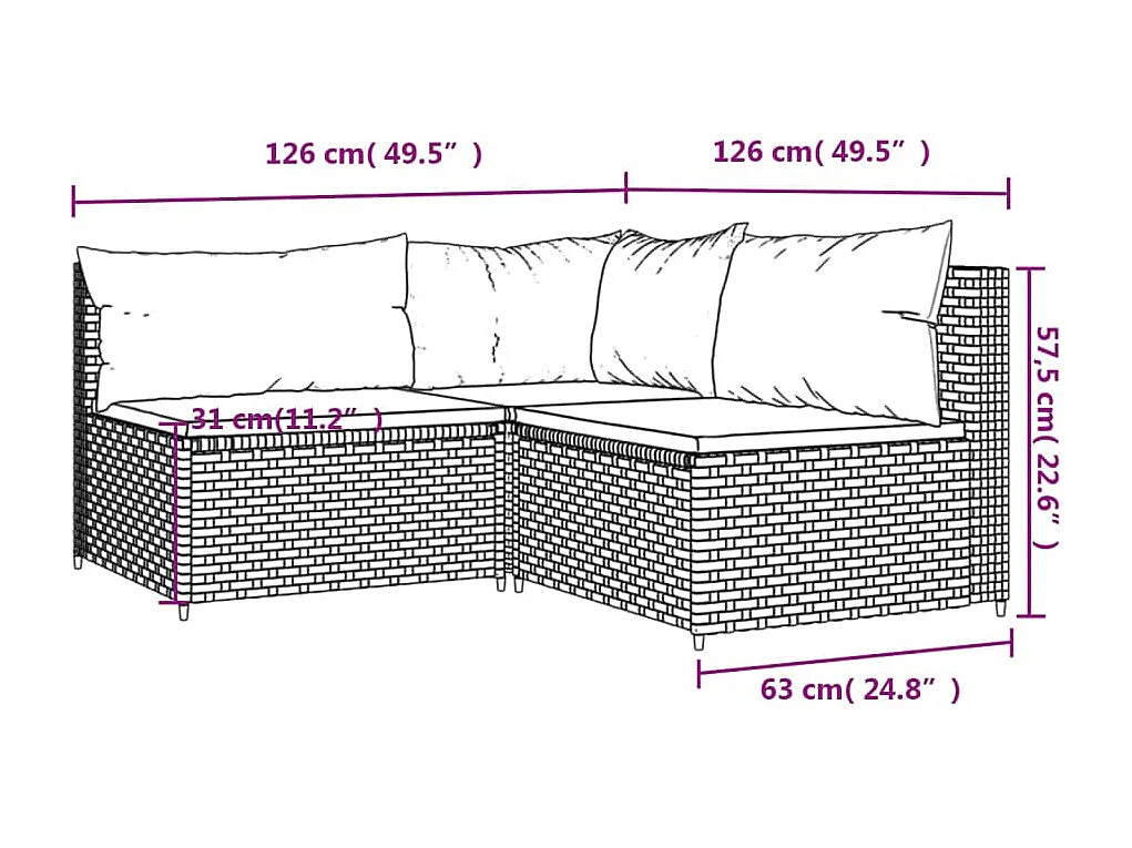 3 pcs conjunto lounge de jardim c/ almofadões vime PE preto