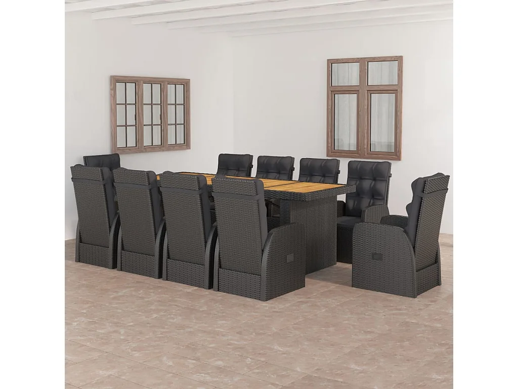 Salon de jardin 11 pcs avec coussins résine tressée noir