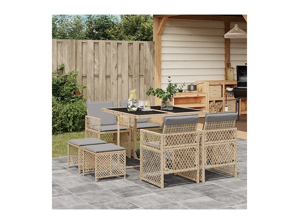 9-tlg. Garten-Essgruppe mit Kissen Beige Poly Rattan