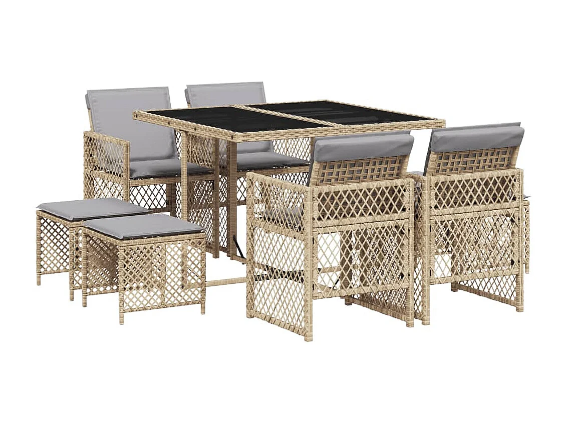 Ensemble à manger de jardin et coussins 9 pcs beige Poly rotin