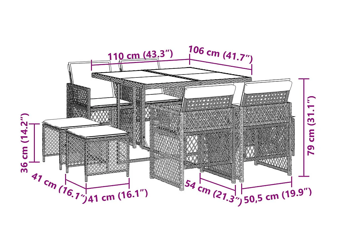 Ensemble à manger de jardin et coussins 9 pcs beige Poly rotin