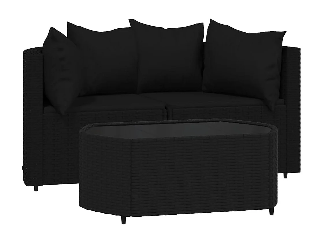 Salon de jardin 3 pcs avec coussins Noir Résine tressée