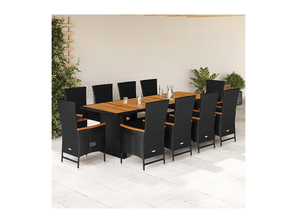 Set de comedor jardín 11 pzas con cojines ratán sintético negro
