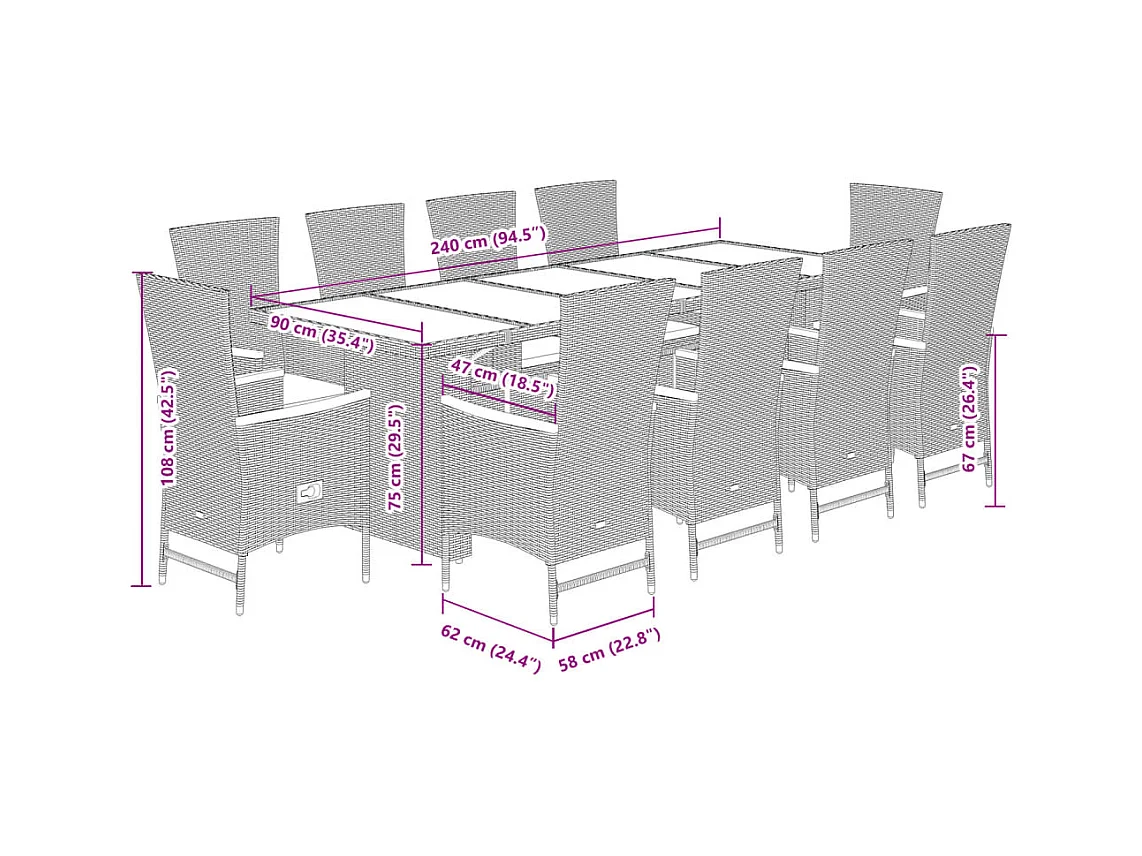 Set de comedor jardín 11 pzas con cojines ratán sintético negro