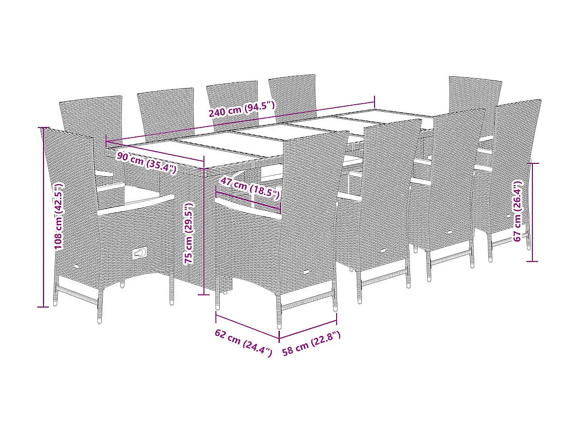 Set de comedor jardín 11 pzas con cojines ratán sintético negro