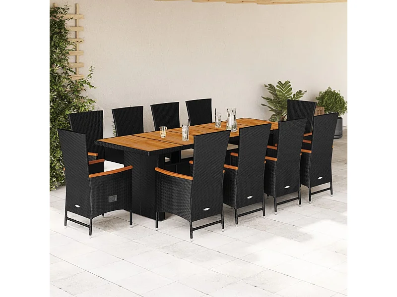 Set de comedor jardín 11 pzas con cojines ratán sintético negro