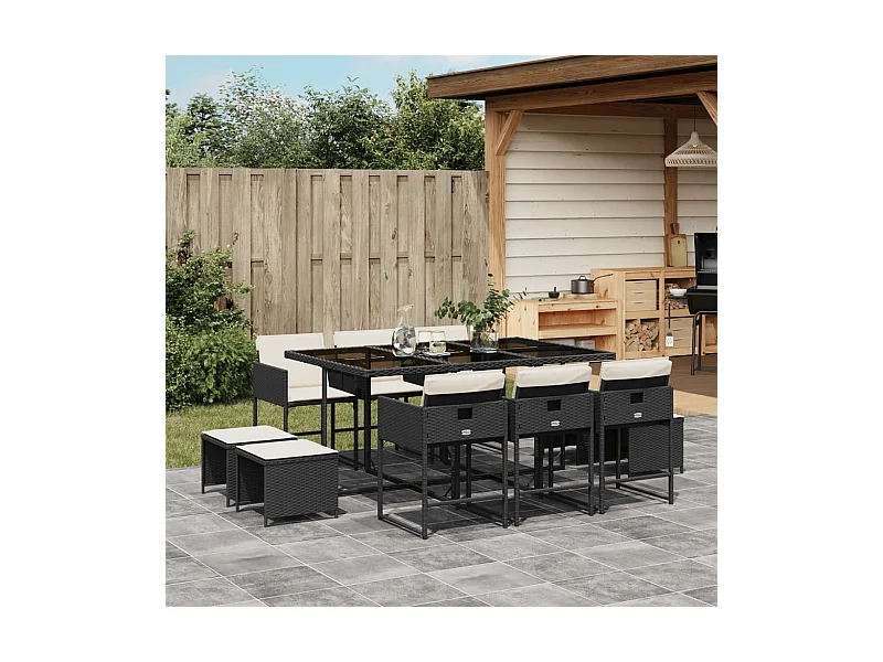 Ensemble à manger de jardin 11 pcs coussins noir résine tressée