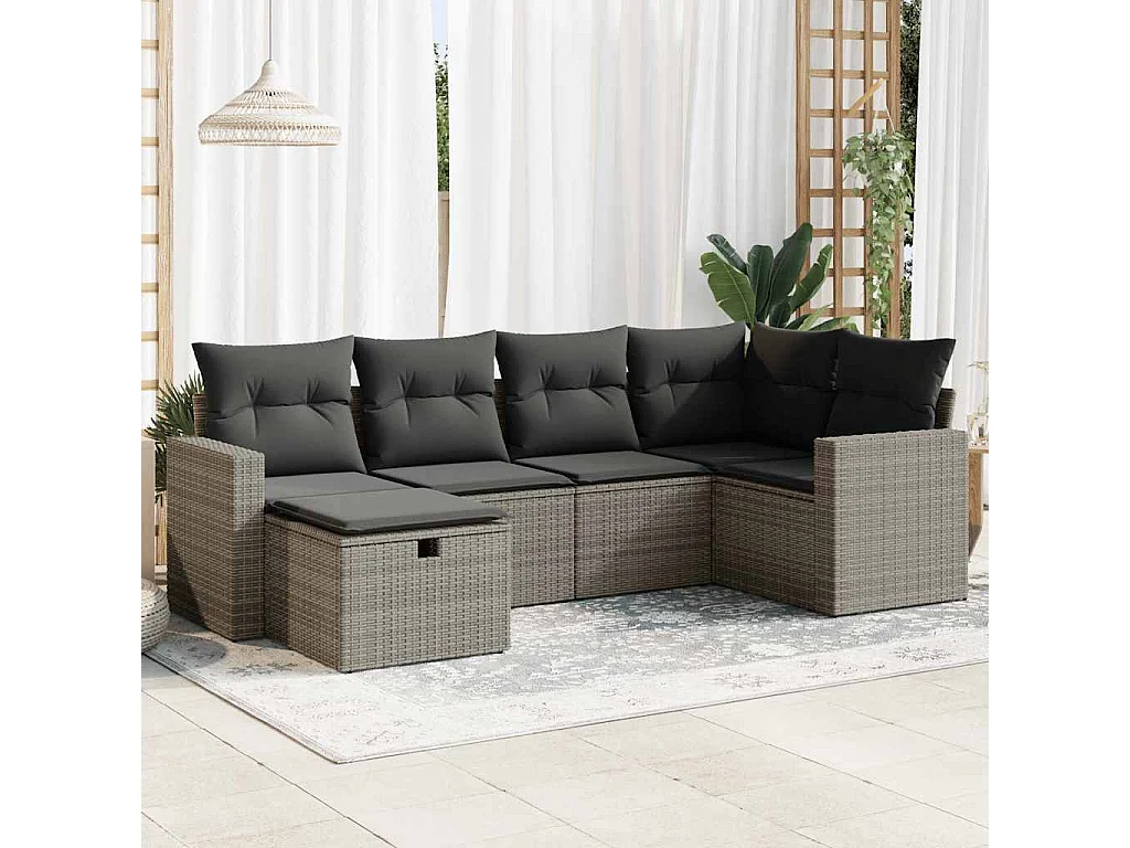 Salon de jardin 6 pcs avec coussins gris résine tressée