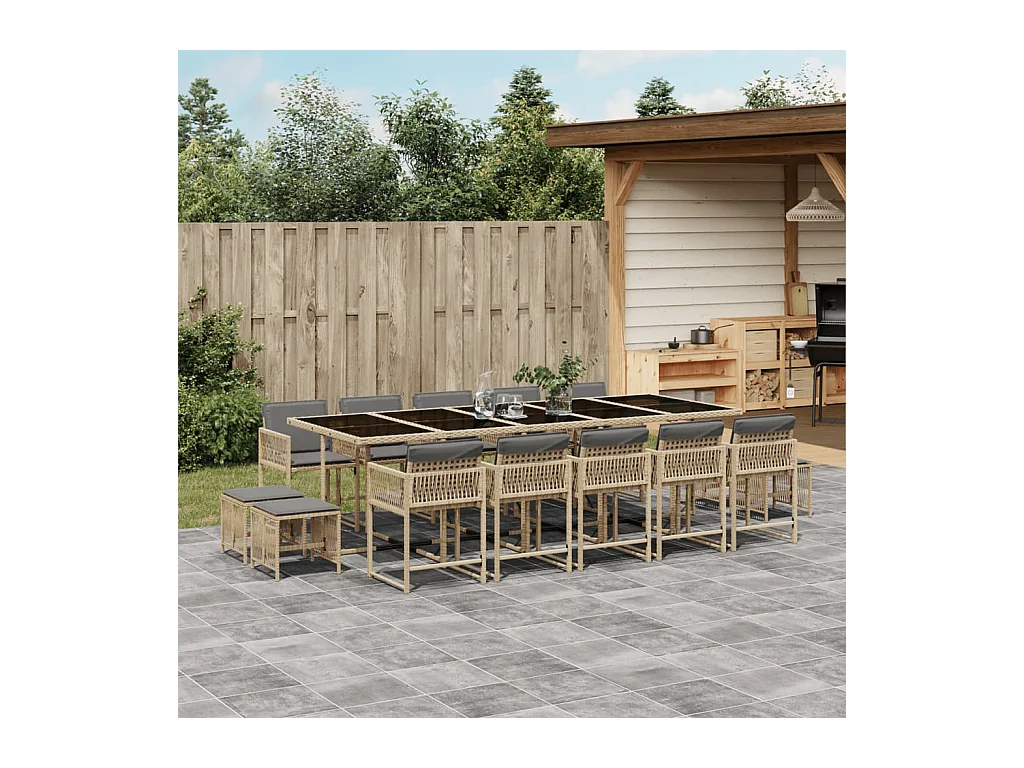 15-tlg. Garten-Essgruppe mit Kissen Beigemischung Poly Rattan