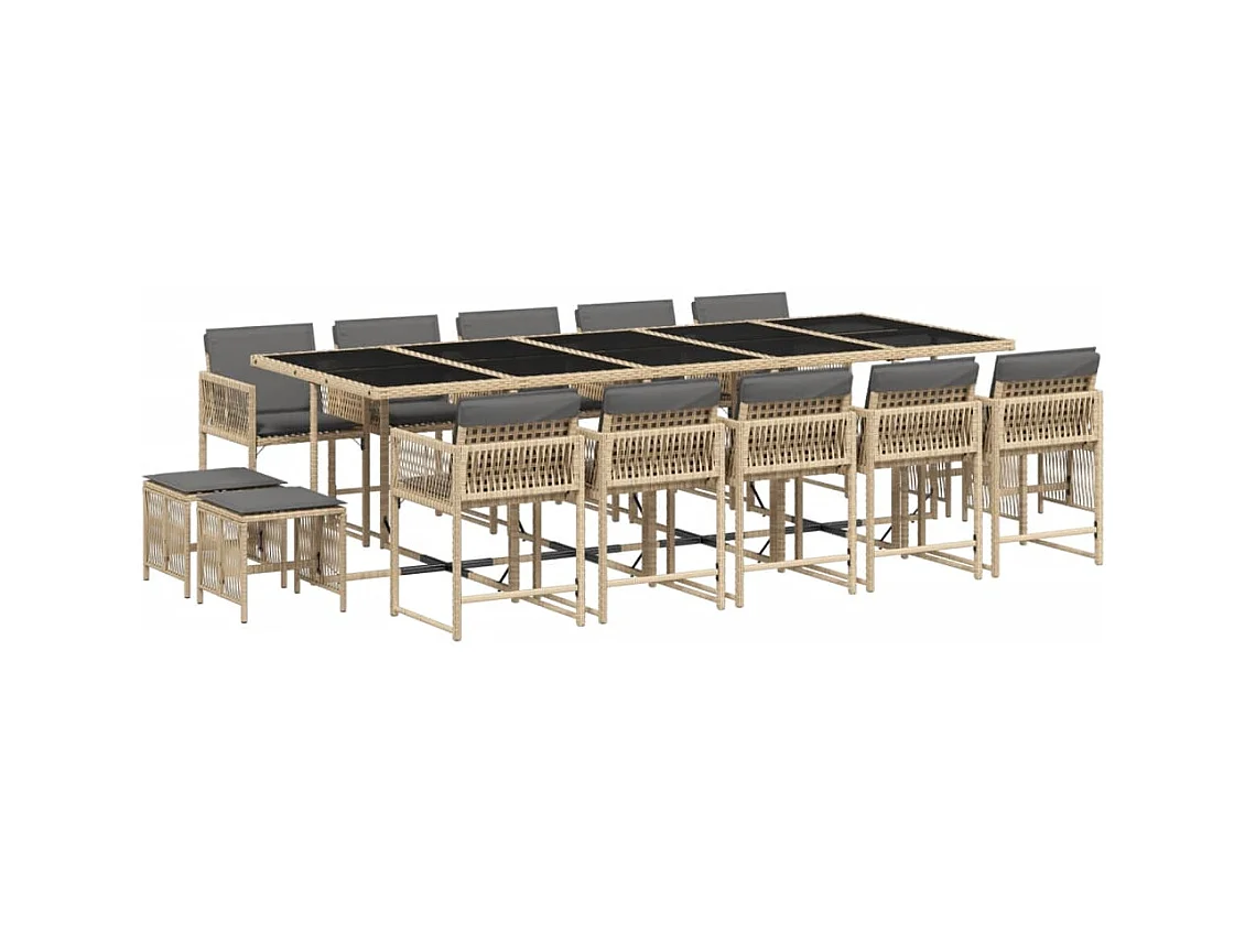 15-tlg. Garten-Essgruppe mit Kissen Beigemischung Poly Rattan