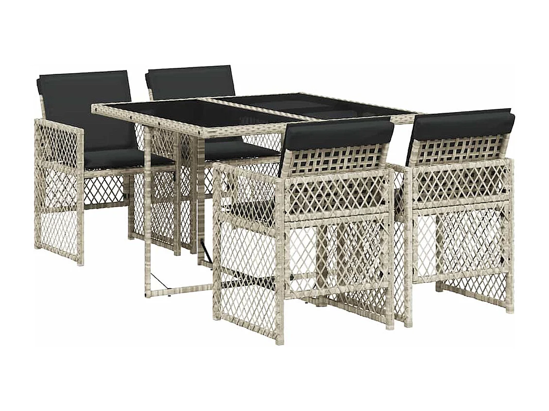 5-tlg. Garten-Essgruppe mit Kissen Hellgrau Poly Rattan