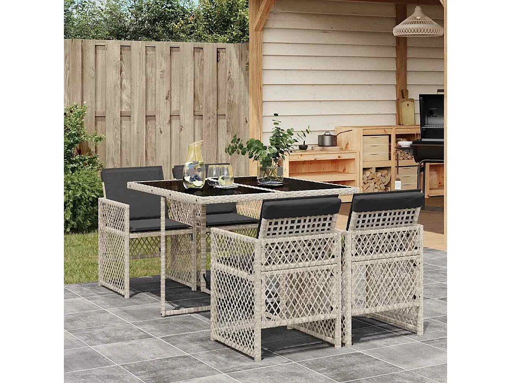 5-tlg. Garten-Essgruppe mit Kissen Hellgrau Poly Rattan