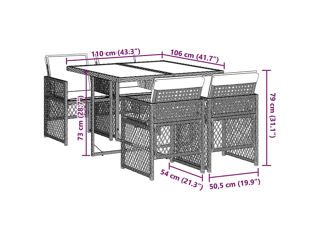 5-tlg. Garten-Essgruppe mit Kissen Hellgrau Poly Rattan