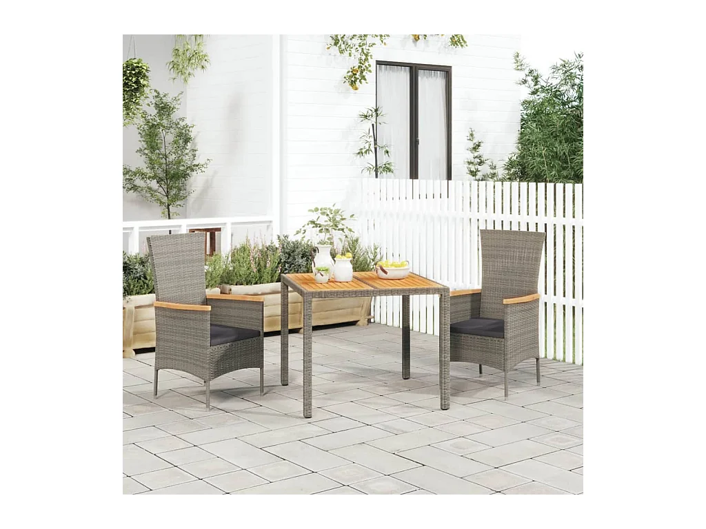 Ensemble à manger de jardin 3 pcs coussins gris résine tressée