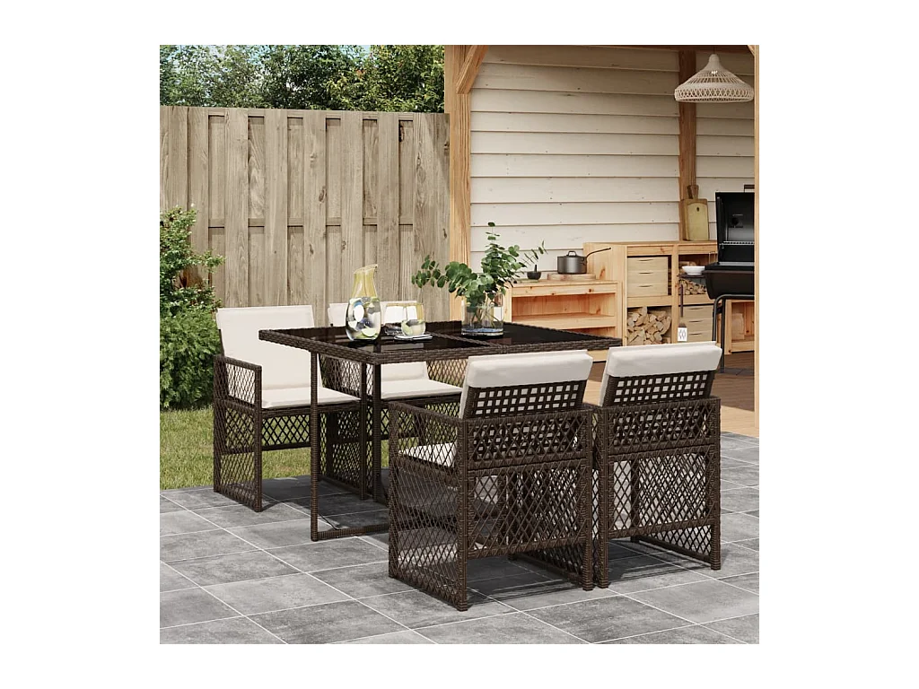 Set da Pranzo da Giardino 5pz con Cuscini in Polyrattan Marrone