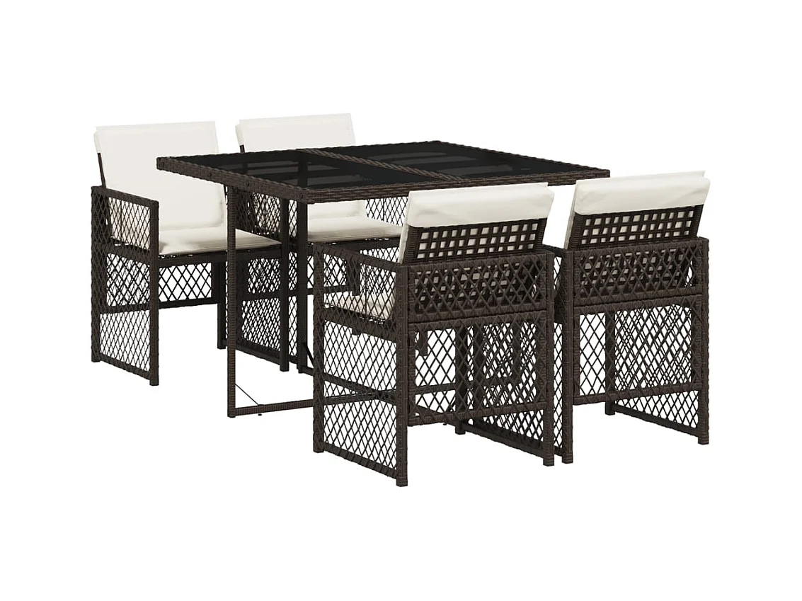 Set da Pranzo da Giardino 5pz con Cuscini in Polyrattan Marrone