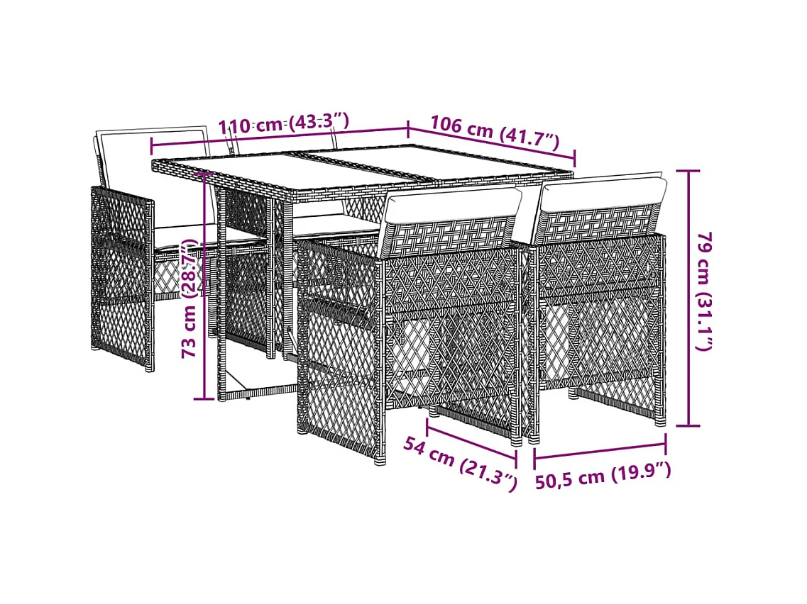 Set da Pranzo da Giardino 5pz con Cuscini in Polyrattan Marrone