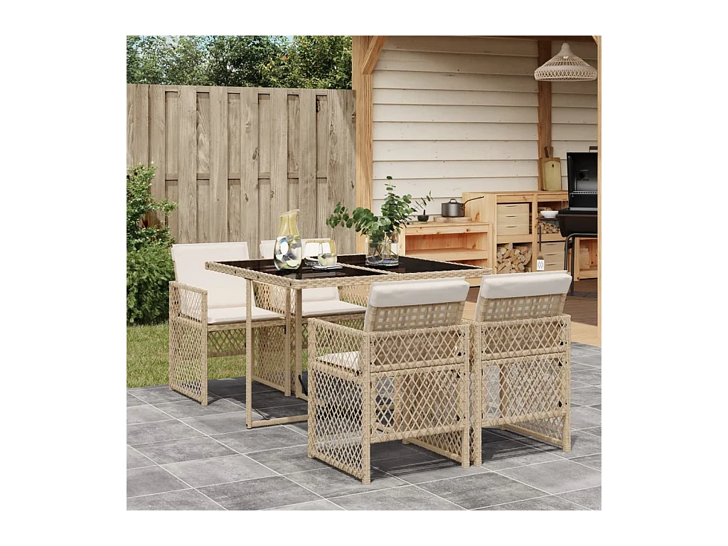 Ensemble à manger de jardin avec coussins 5pcs Beige poly rotin