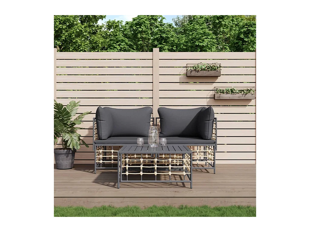 Salon de jardin 3 pcs avec coussins anthracite résine tressée