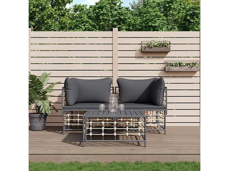 3-tlg. Garten-Lounge-Set mit Kissen Anthrazit Poly Rattan