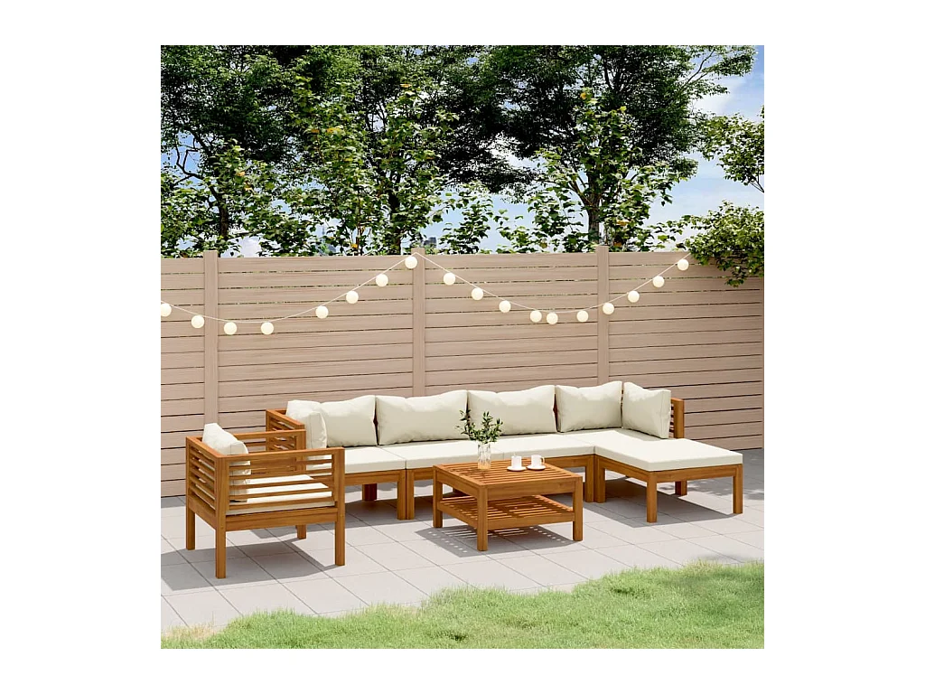 Set Divani da Giardino 7 pz con Cuscini Crema in Legno Acacia
