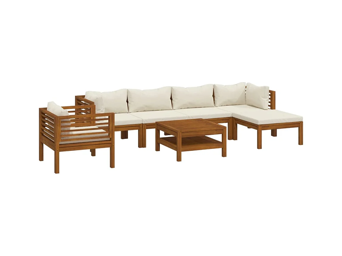 Set Divani da Giardino 7 pz con Cuscini Crema in Legno Acacia