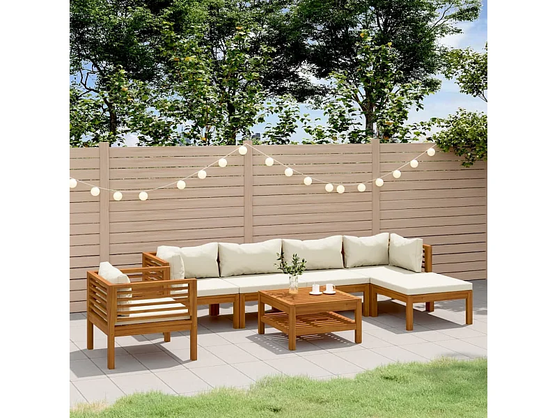 7 pcs conjunto lounge jardim c/ almofadões creme acácia maciça