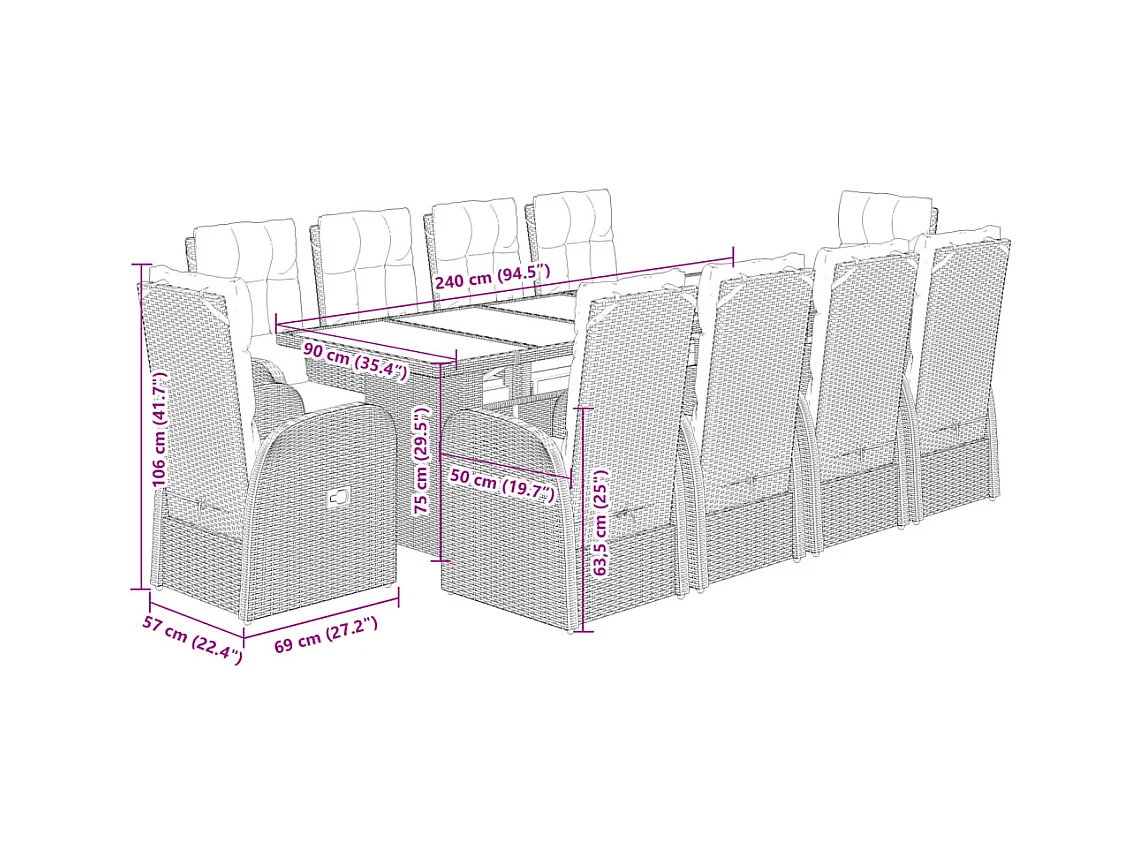 11-tlg. Garten-Essgruppe mit Kissen Schwarz Poly Rattan