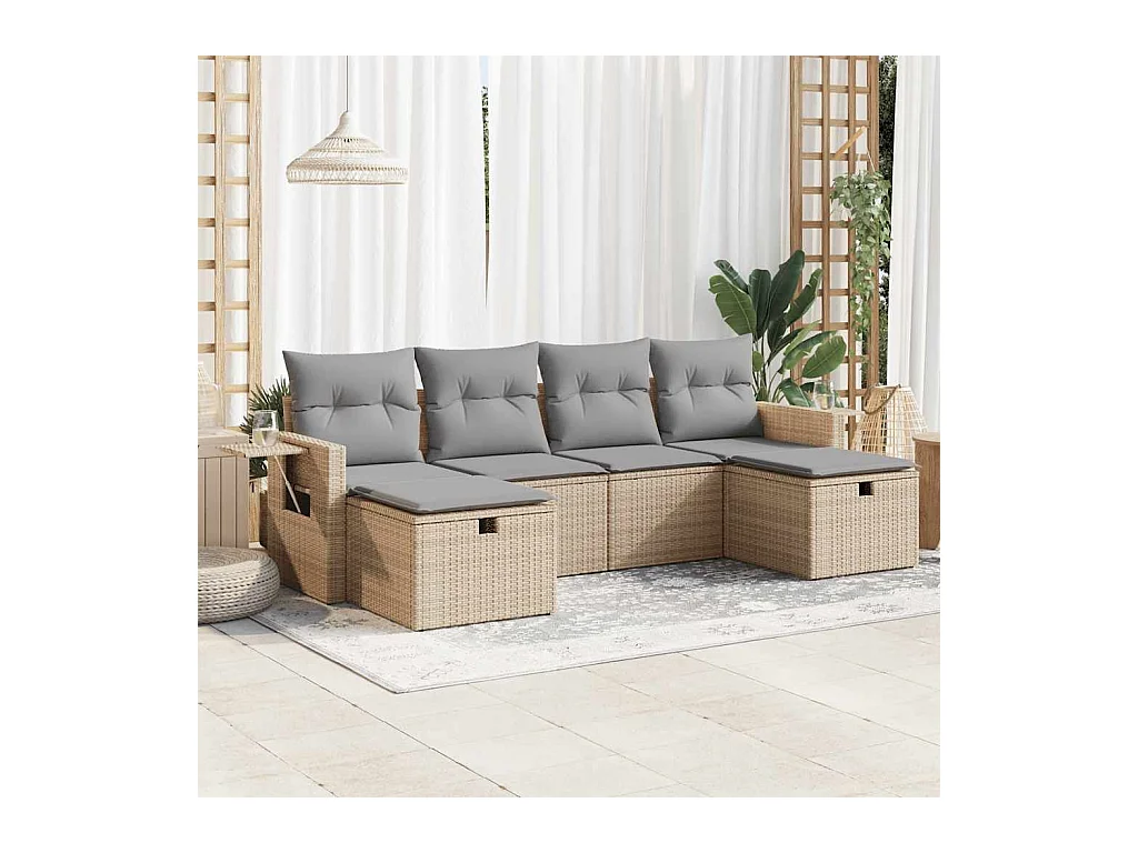 6-delige Loungeset met kussens poly rattan beige