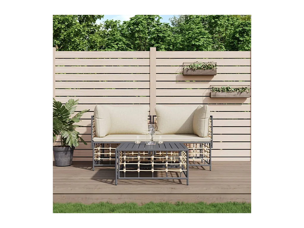 Juego de muebles de jardín 3 pzas cojines antracita ratán PE