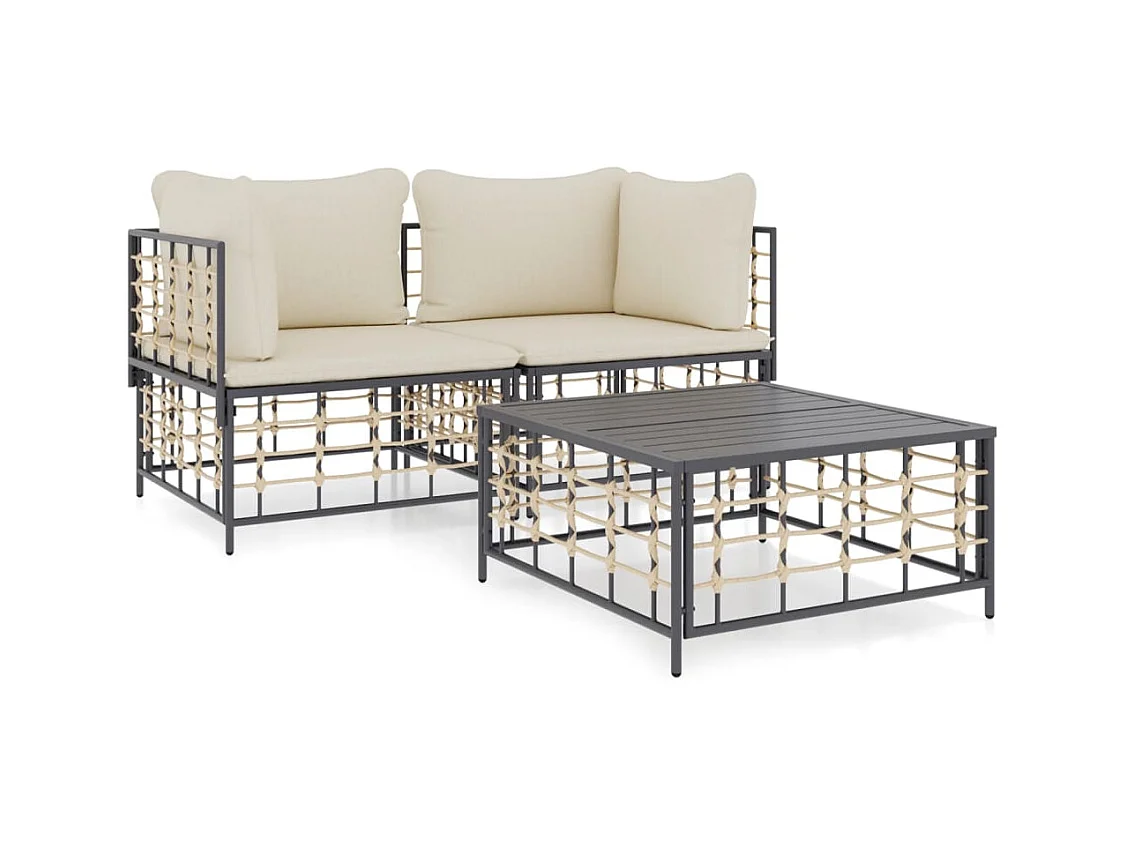 Juego de muebles de jardín 3 pzas cojines antracita ratán PE