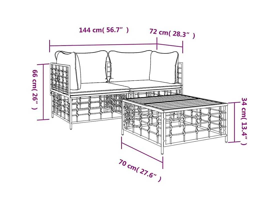 Juego de muebles de jardín 3 pzas cojines antracita ratán PE