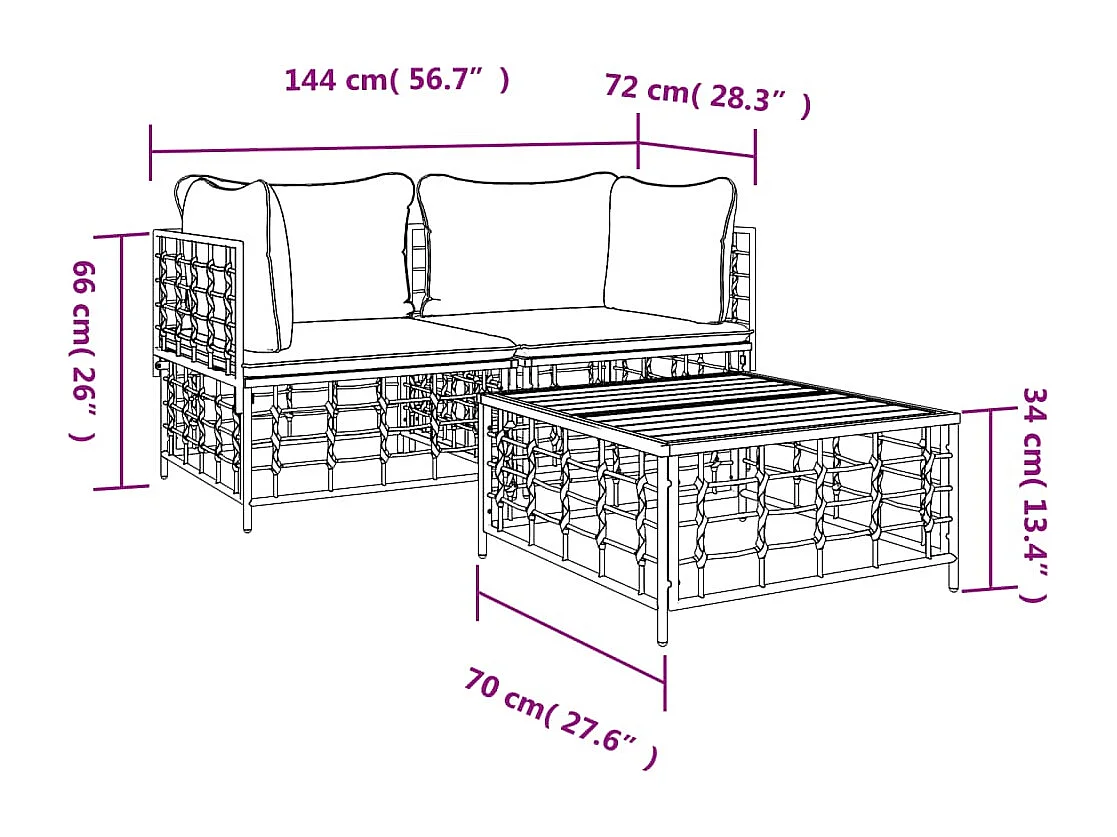 3-delige Loungeset met kussens poly rattan antracietkleurig