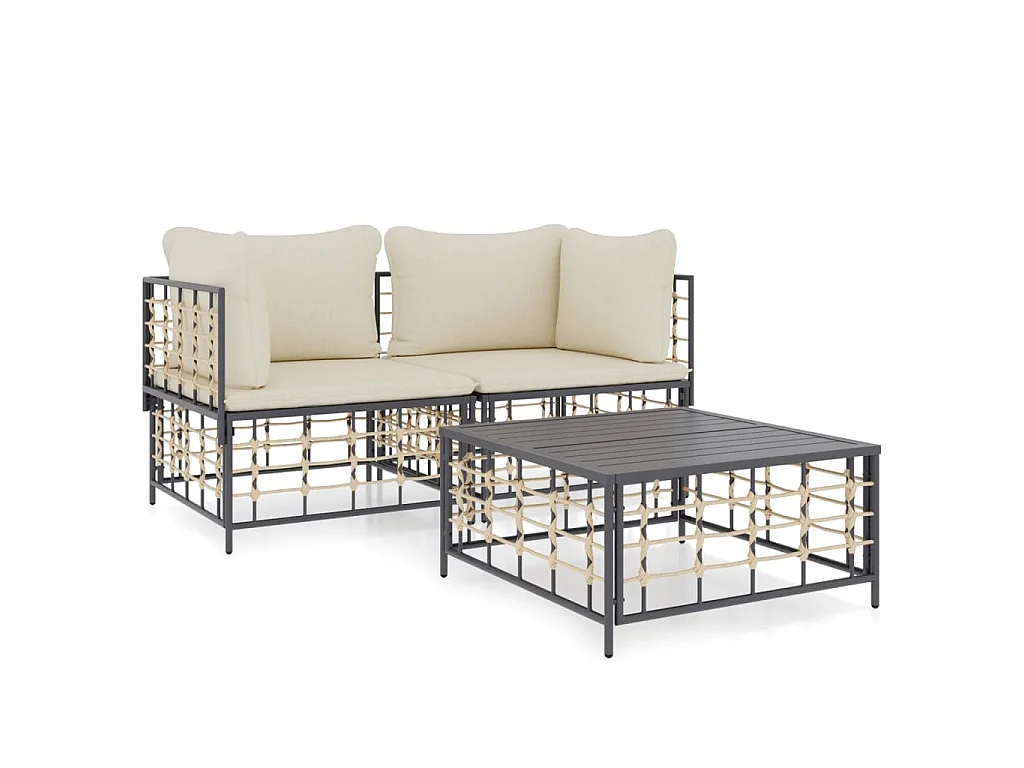 Salon de jardin 3 pcs avec coussins anthracite résine tressée