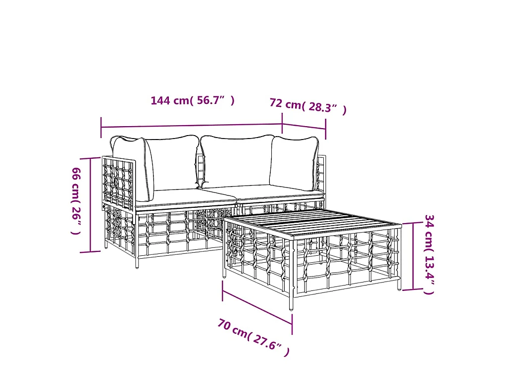 Set Divani da Giardino 3 pz con Cuscini Antracite in Polyrattan