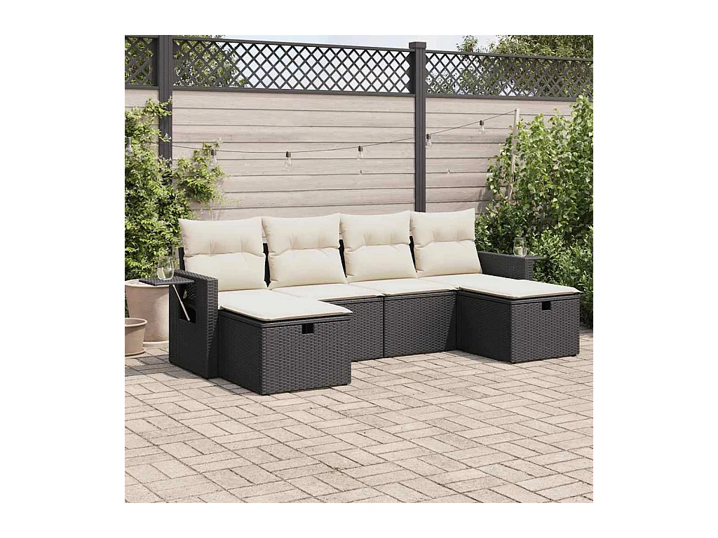 Salon de jardin 6 pcs avec coussins noir résine tressée