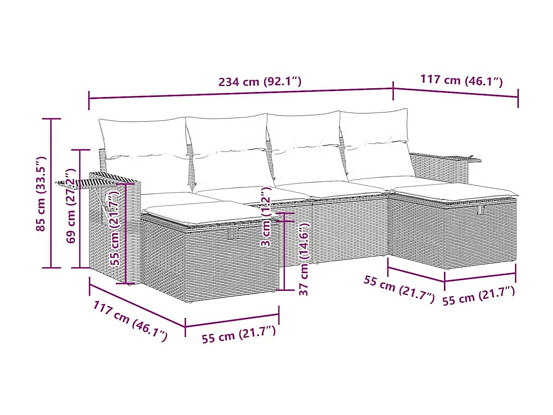 6-tlg. Garten-Sofagarnitur mit Kissen Schwarz Poly Rattan