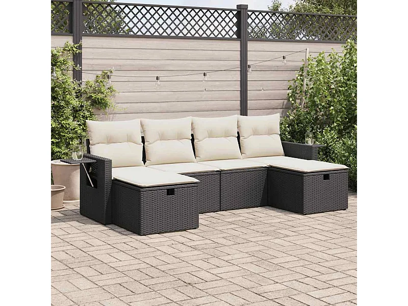 Set Divano da Giardino 6 pz con Cuscini Nero in Polyrattan