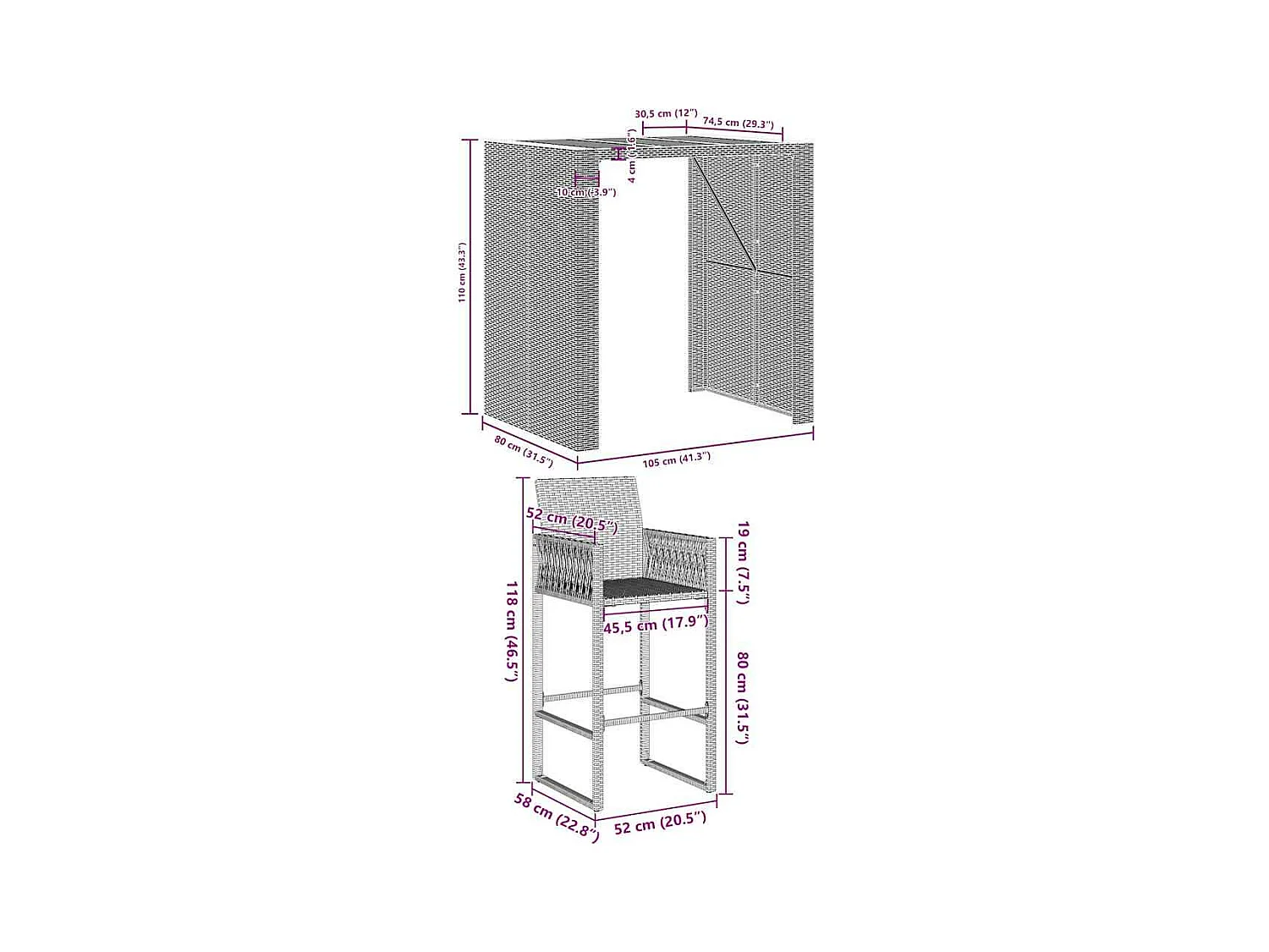 Ensemble de bar de jardin 3 pcs sans coussins gris poly rotin