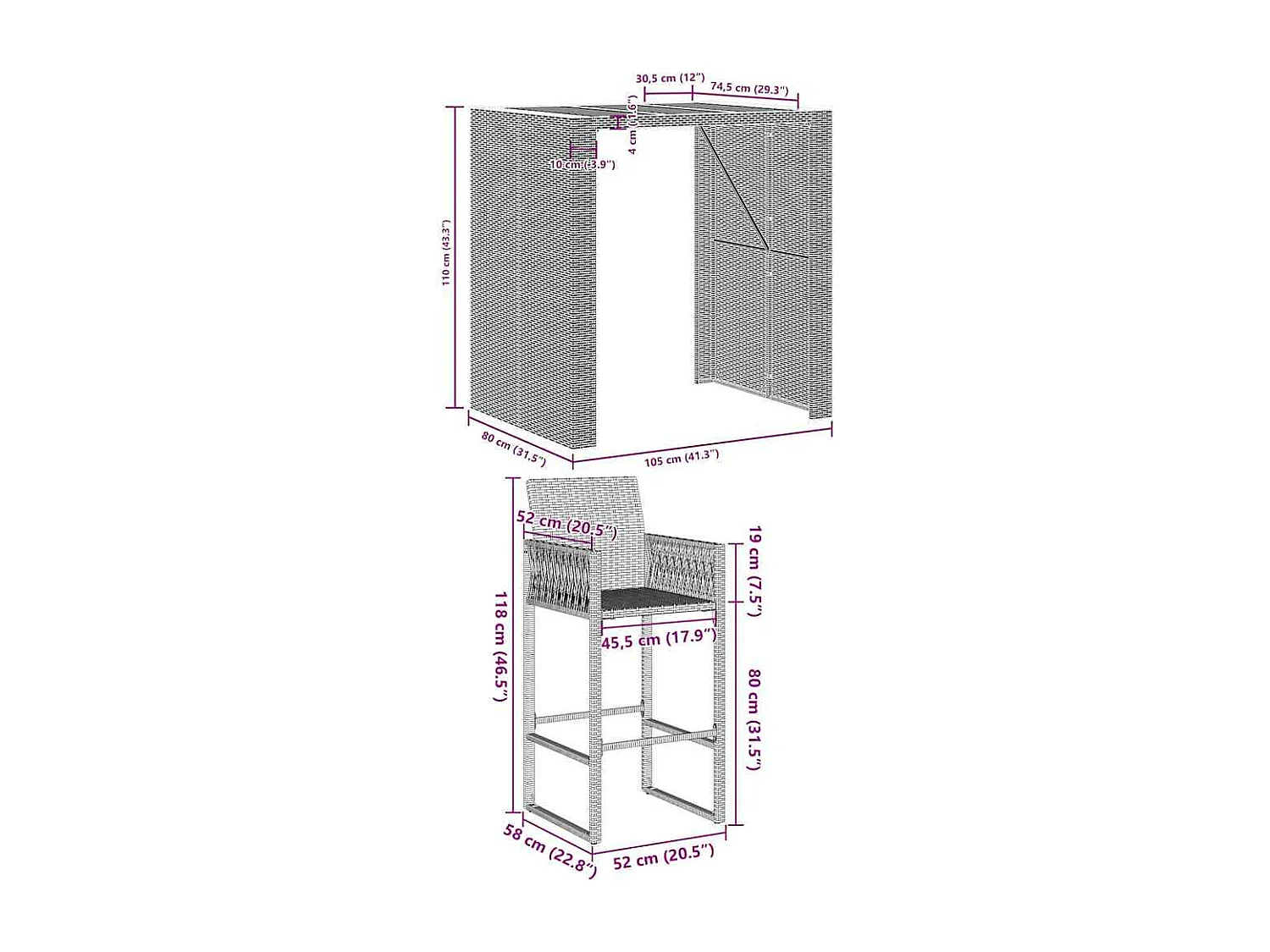 Ensemble de bar de jardin 3 pcs sans coussins gris poly rotin