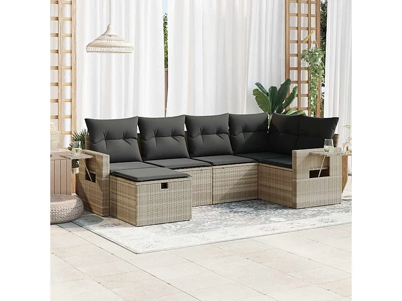 6 pcs conj. sofás jardim com almofadões vime PE cinzento-claro