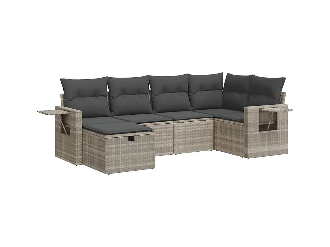 6-tlg. Garten-Sofagarnitur mit Kissen Hellgrau Poly Rattan