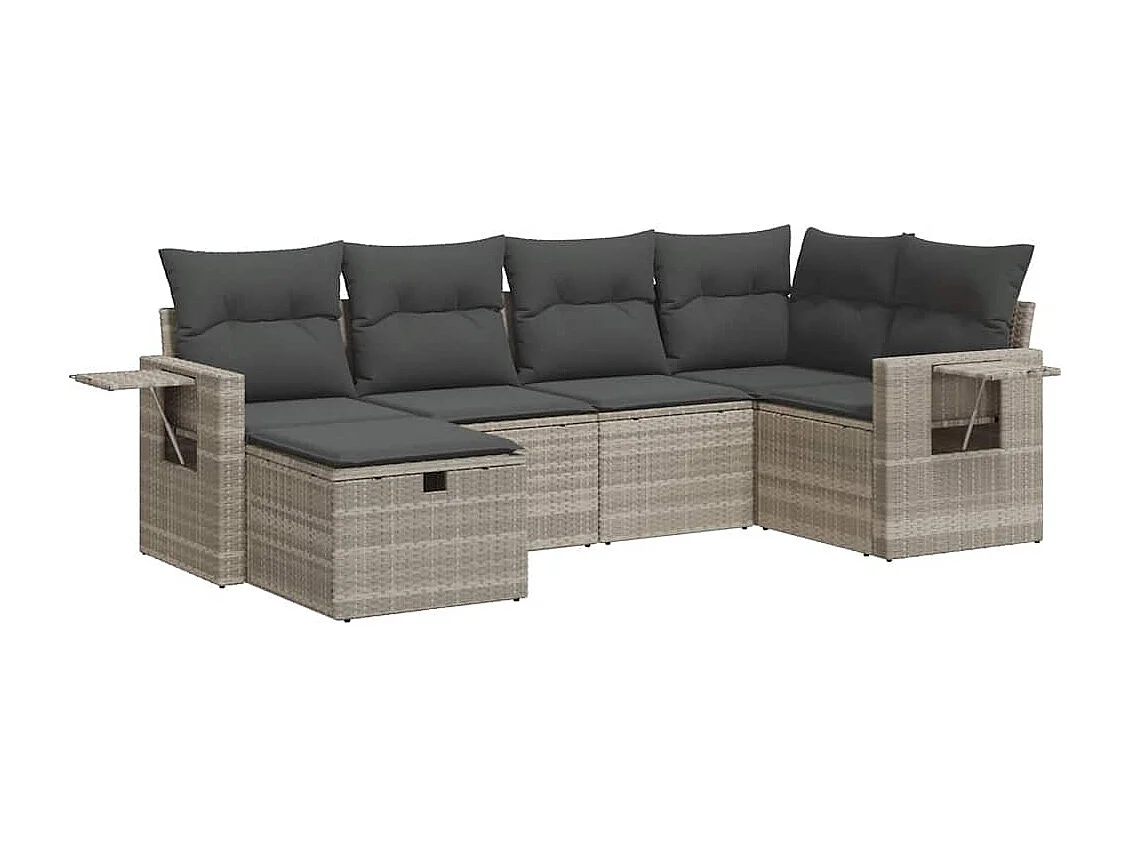 6-tlg. Garten-Sofagarnitur mit Kissen Hellgrau Poly Rattan