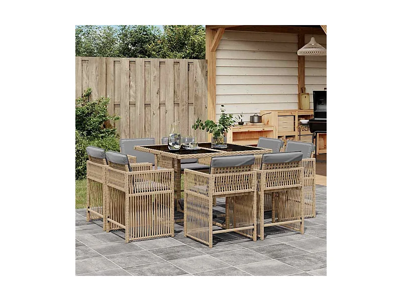 Set Pranzo da Giardino 9 pz con Cuscini Beige Misto Polyrattan