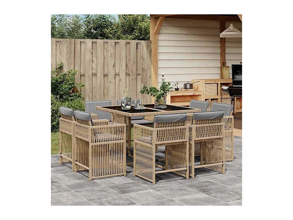 9-tlg. Garten-Essgruppe mit Kissen Beigemischung Poly Rattan