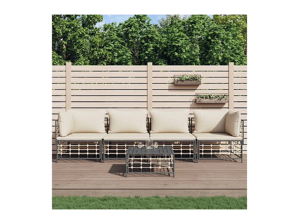 5 pcs conjunto lounge de jardim c/ almofadões vime PE antracite