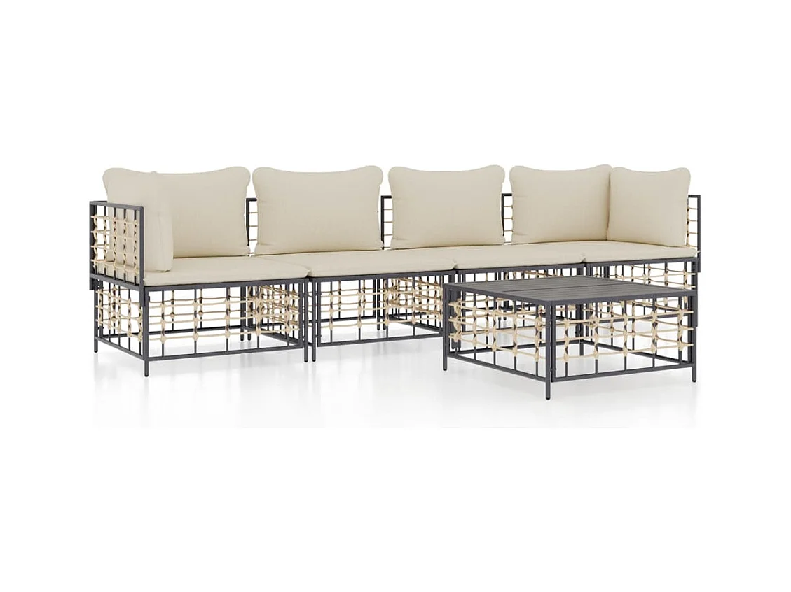 5 pcs conjunto lounge de jardim c/ almofadões vime PE antracite