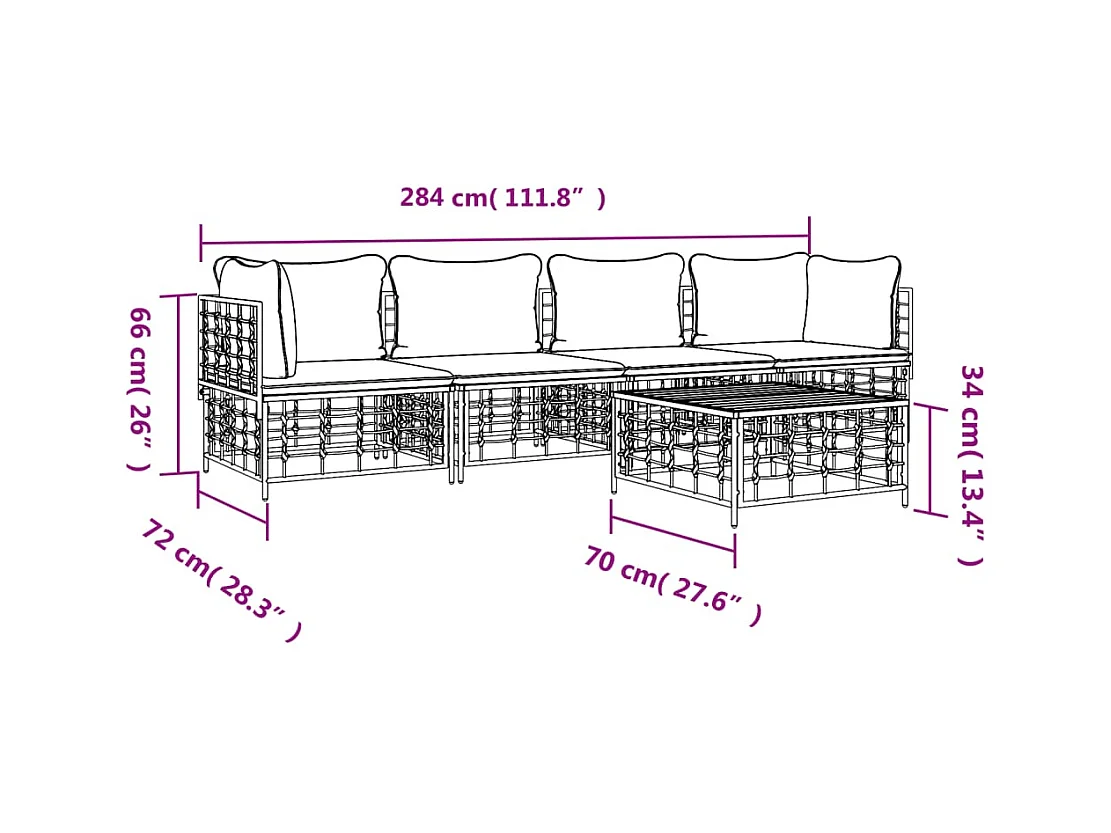 5 pcs conjunto lounge de jardim c/ almofadões vime PE antracite