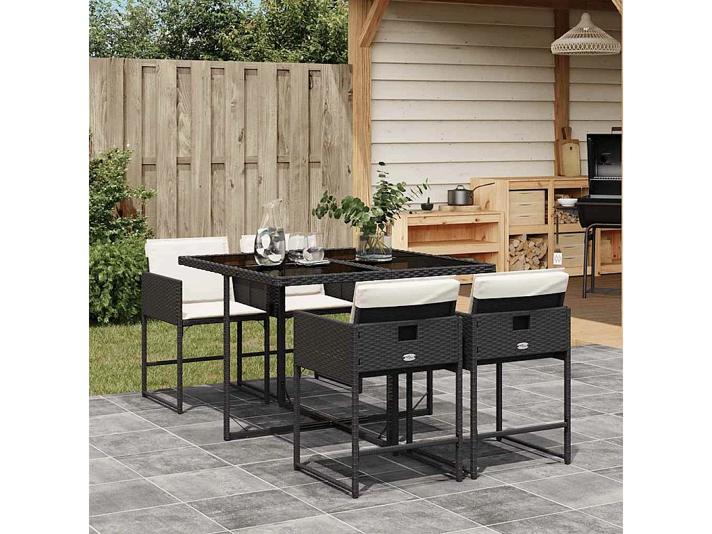 5-tlg. Garten-Essgruppe mit Kissen Schwarz Poly Rattan