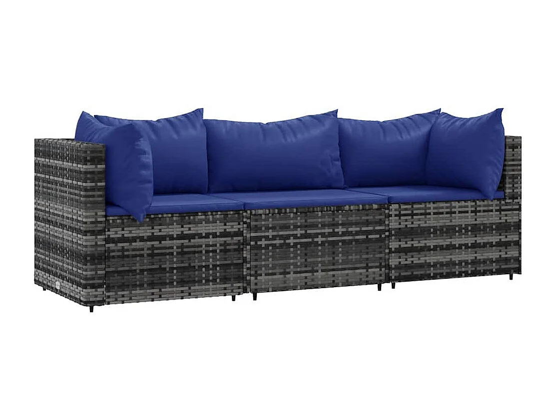 Set Divani da Giardino 3 pz con Cuscini in Polyrattan Grigio